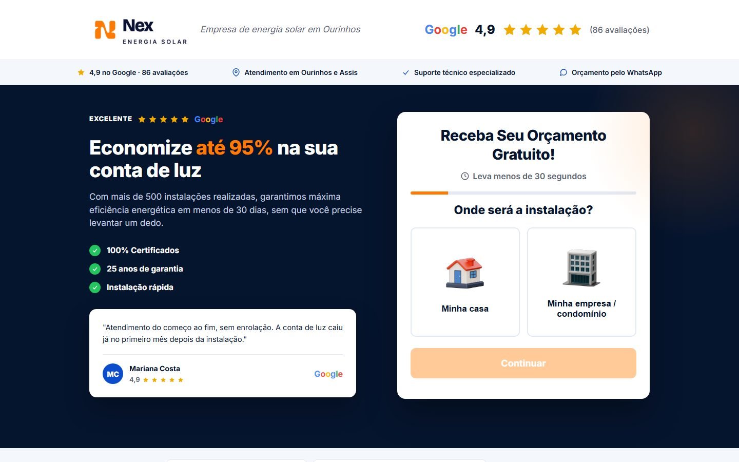 Página inicial do site de exemplo no computador, com o quiz de orçamento ao lado do título